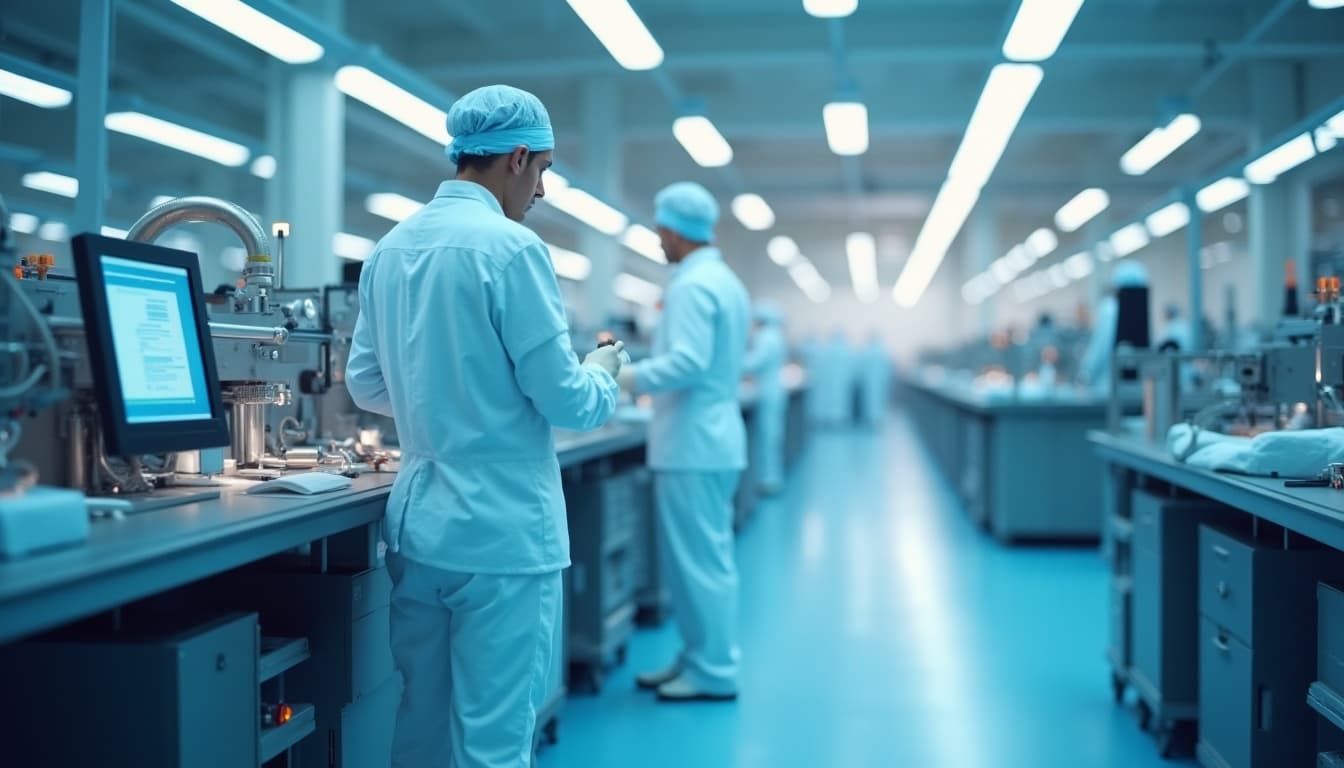 Engineers working in a medical device cleanroom manufacturing facility